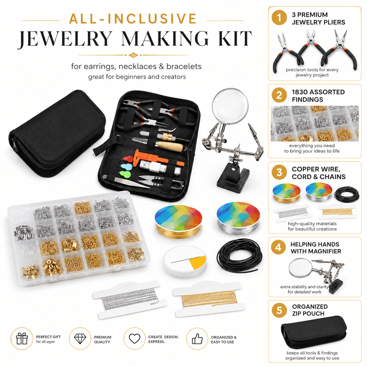 Kabuer Jewelry Making Kit for Adults, Tools, Charms, Wires, Findings, and More, All-Inclusive