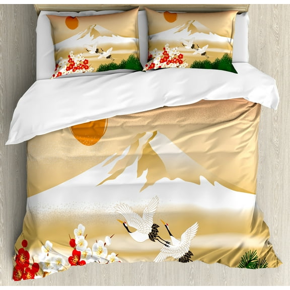 Mountain Duvet Cover Set, Graphical Interpretation of Landscape in Japan with Birds Flying High, Decorative 3 Piece Bedding Set with 2 Pillow Shams, Calking Size, Pale Camel Multicolor, by Ambesonne