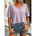 thumbnail image 2 of Summer Women's Casual Solid Color T-shirt Half Sleeved Simple V-neck Tee Tops, 2 of 6
