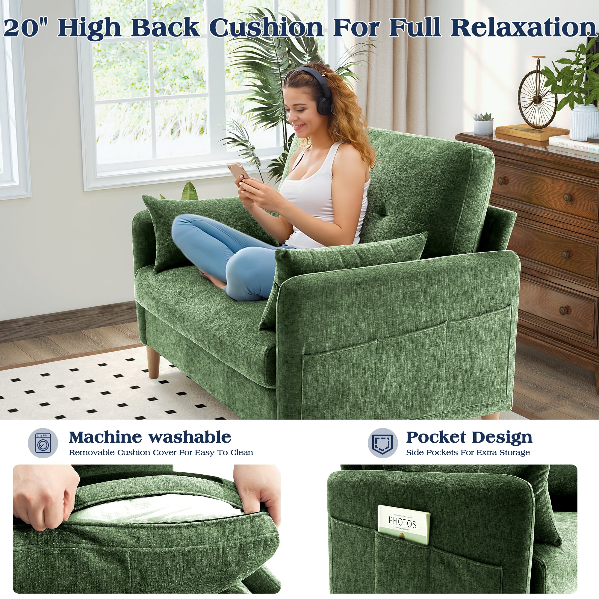 BedLuxury 47’’ Wide LoveSeat,2-seat Chenille sofa with 2 Pillows for Living Room and Small Spaces,Green