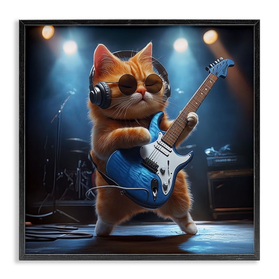 Cat Guitarist in Band Black Framed Giclee Art, design by Jim Baldwin