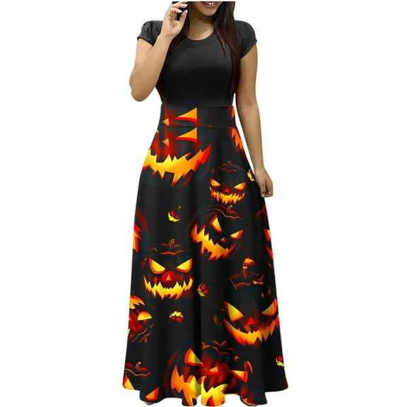 Alkepwun Halloween Dresses for Women Halloween Ghost Pumpkin Bat Short Sleeve Printed Long Maxi Dress Vintage Style A-Line Party Dresses