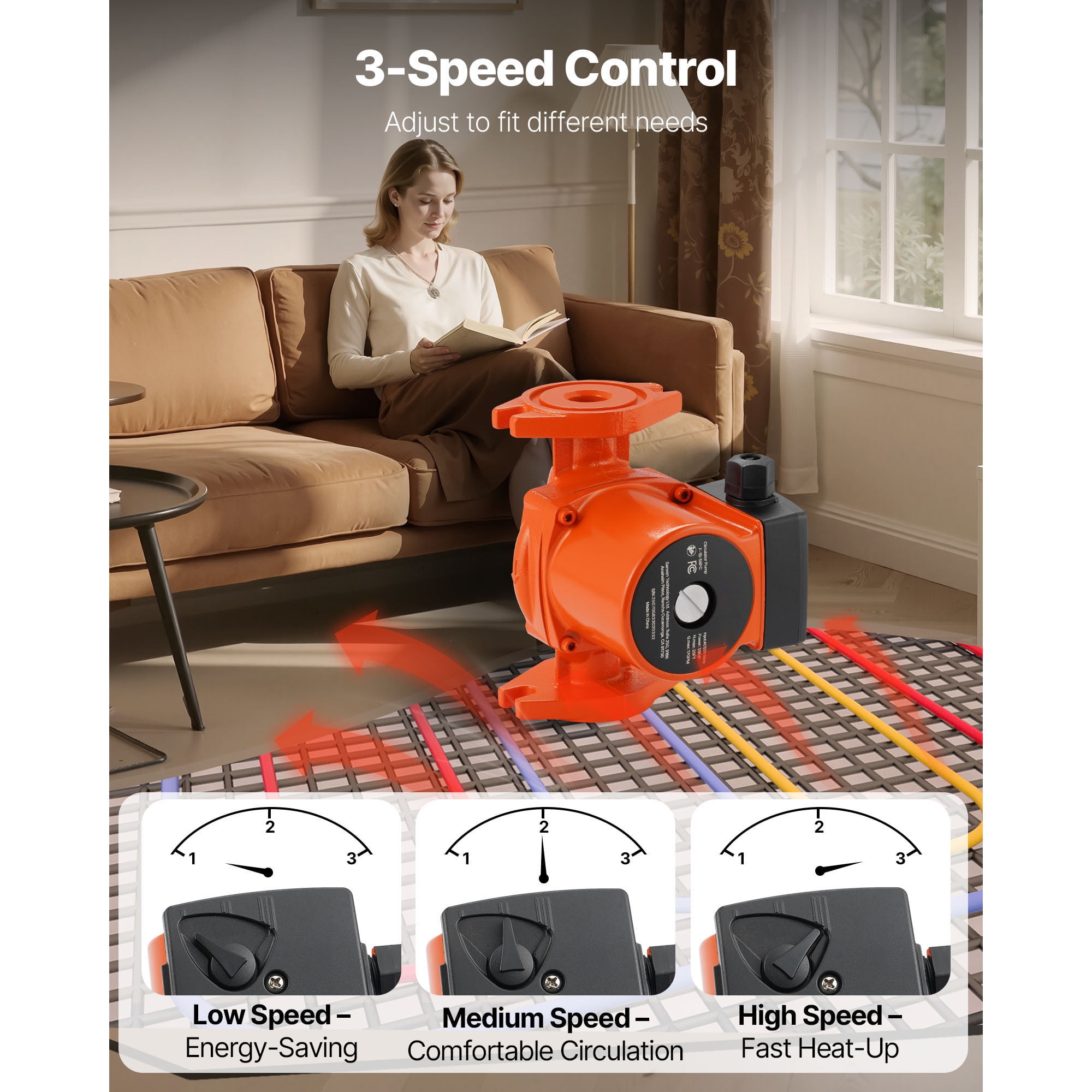 KFFKFF Cast Iron Circulator Pump, 17 GPM, AC 120V, 20 ft Hot Water Recirculation Pump, 1-Inch Flange Connection, 3-Speed Settings, Low-Noise Design, Ideal for Residential Water Heating Systems