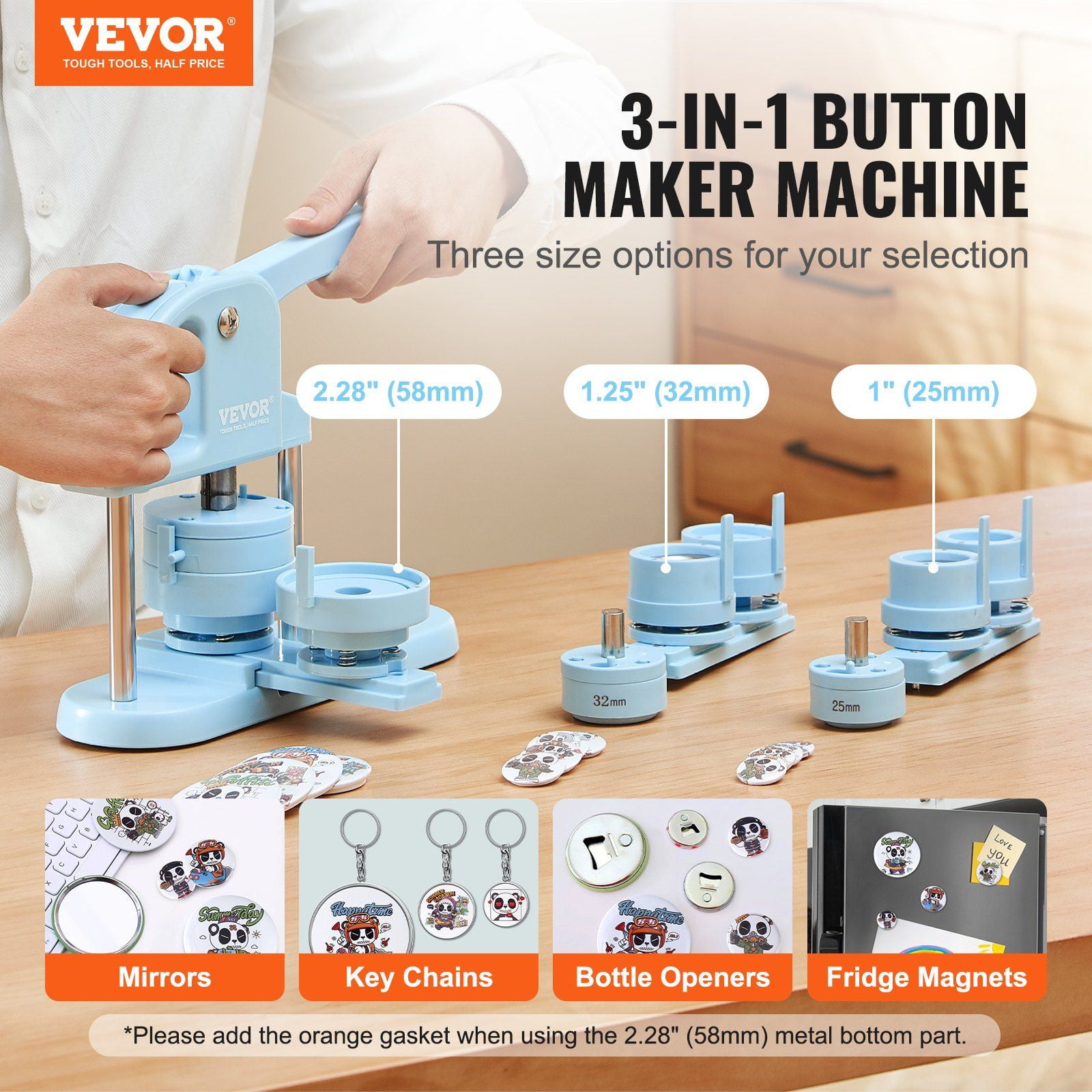 3 in 1 Button Maker Machine 1 1.25 2.28 Inch 25 32 58mm Pin Maker with 300pcs Button Parts Panda Magic Book Ergonomic Arc Handle Punch Press Kit for Children DIY Gifts Blue