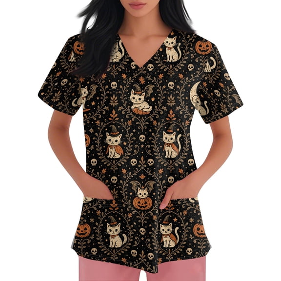 Halloween Scrub Tops Women Pumpkin Ghost Printed Plus Size Scrubs Short Sleeve V-Neck Working Uniform Halloween Stretch Nursing Medical Scrubs T Shirts with Pockets