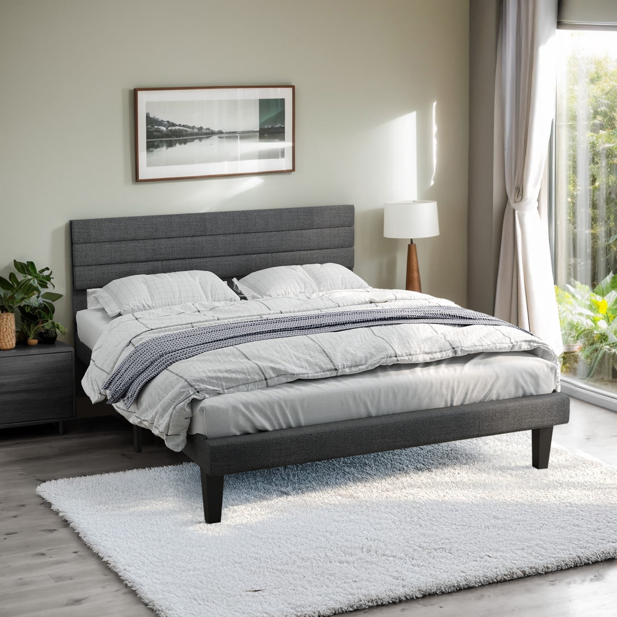 UHOMEPRO Platform Bed Frame Queen Size with Linen Fabric Headboard,Modern Panel Low Profile Bed with Upholstered & Sturdy Slats Support for Bedroom, Mattress Foundation, Dark Gray