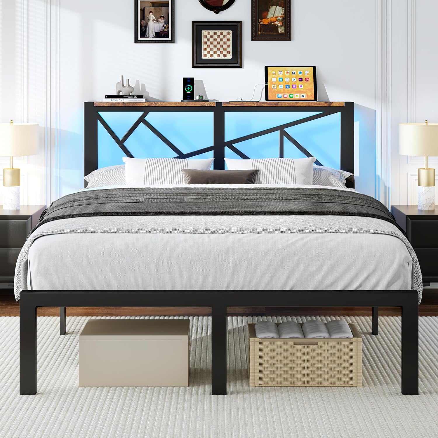 ChicZhiNest Full Size Bed Frame with Wooden Storage Headboard & LED Lighting, USB Charging Station, Stable Metal Bed Frame, Noise Free Design, Black