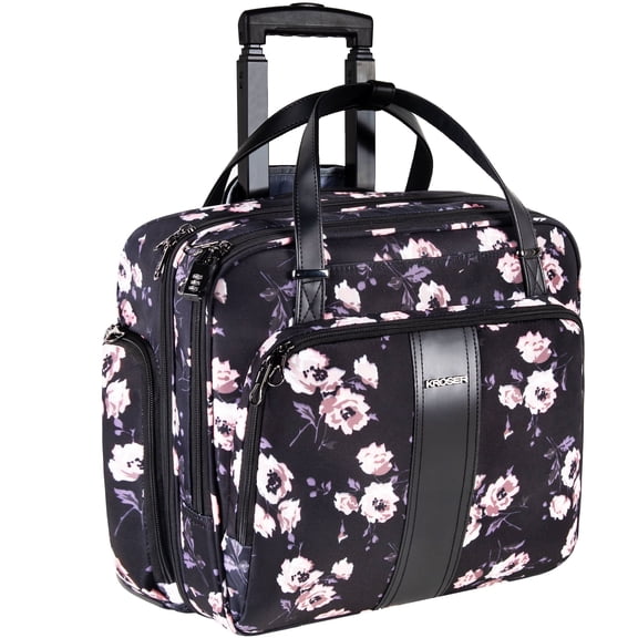 KROSER Rolling Laptop Briefcase Rolling Laptop Bag For 15.6" Laptop Rolling Tote-Rose Pattern