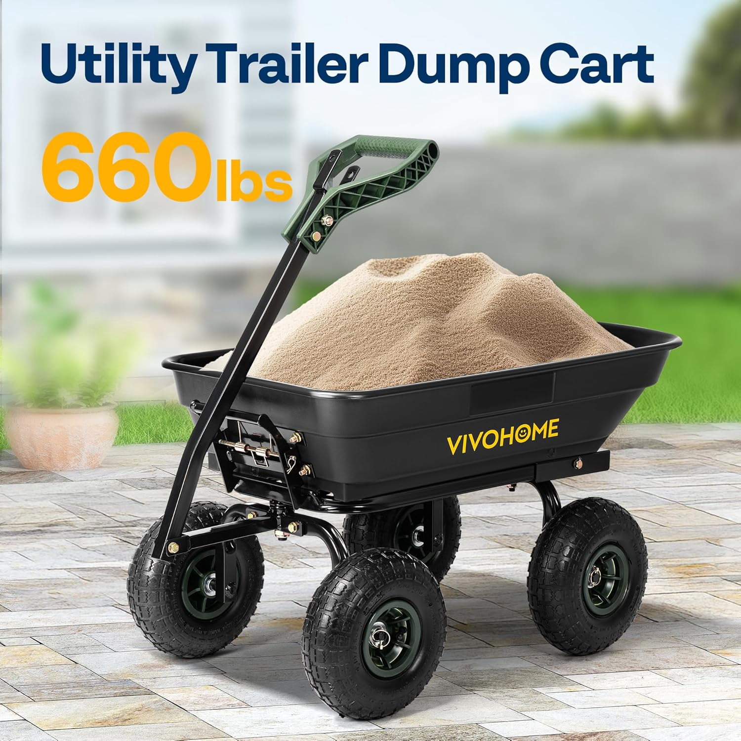 SPECSTAR 4 Cu.Ft. 660lbs. Poly Garden Cart Dump Wagon, with 2-in-1 Convertible Handle, 10" All Terrain Wheels,Quick Release System,Heavy Duty Utility Trailer Dump Cart for Yard,Landscaping,Warehouses