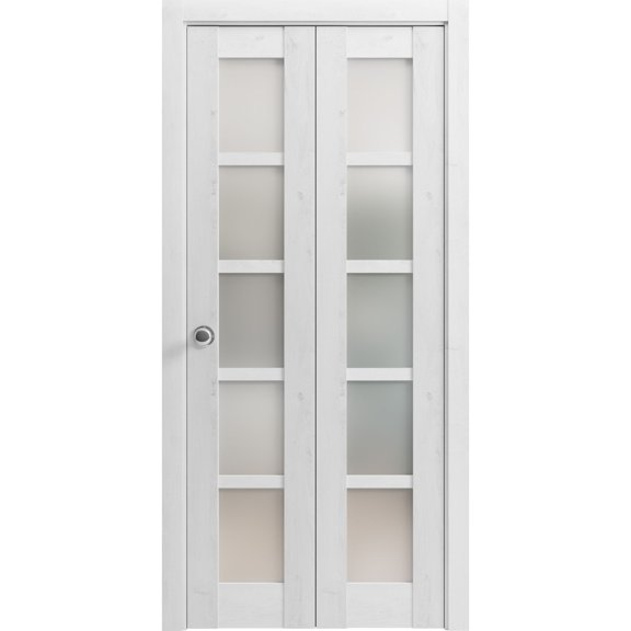 Sliding Closet Bi-fold Doors 56 x 80 inches | Quadro 4002 Nordic White with Frosted Glass | Sturdy Tracks Moldings Trims Hardware Set | Wood Solid Bedroom Wardrobe Doors