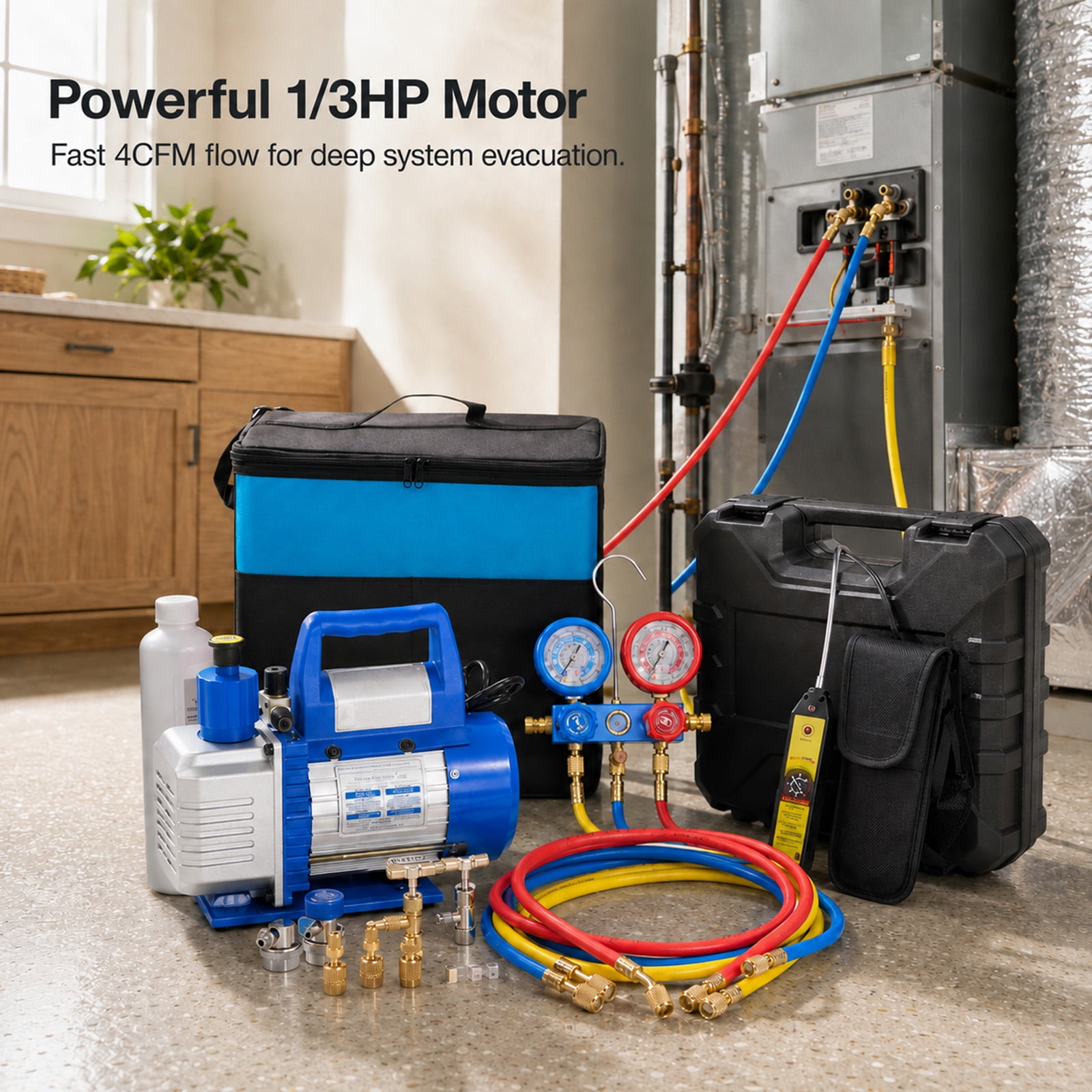 Alvantor 1/3HP 4CFM Vacuum Pump Kit with R13a R410A R22 R112 R410A Manifold Gauge Set, Leak Detector, R134a Quick Couplers, Can Tap & Carry Bag for AC Refrigeration Recharge