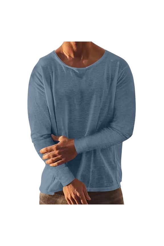 Long Sleeve Shirt for Men Cotton Linen Lightweight Crew Neck Pullover Basic Beach Vacation Tops