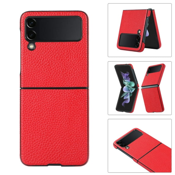 TECH CIRCLE Leather Case for Samsung Galaxy Z Flip 3 Lichee Pattern Non-Slip Design Slim Thin Shockproof Case For Samsung Galaxy Z Flip 3,Red