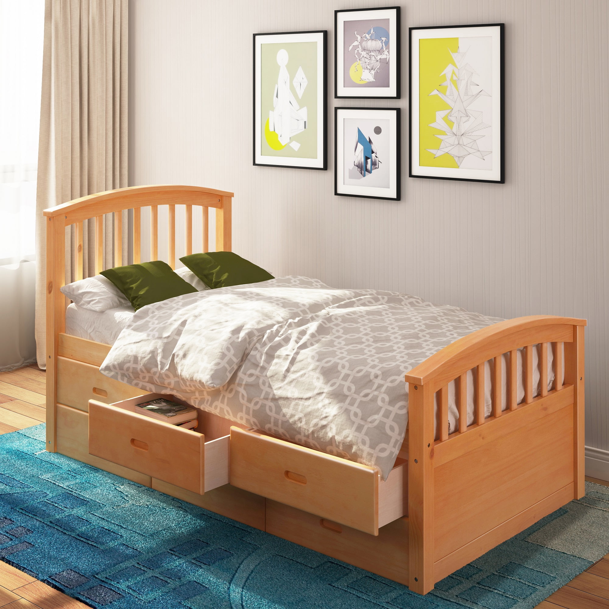 Twin Bed Frame with Storage Drawers, Platform Bed Frame with Wood Slat