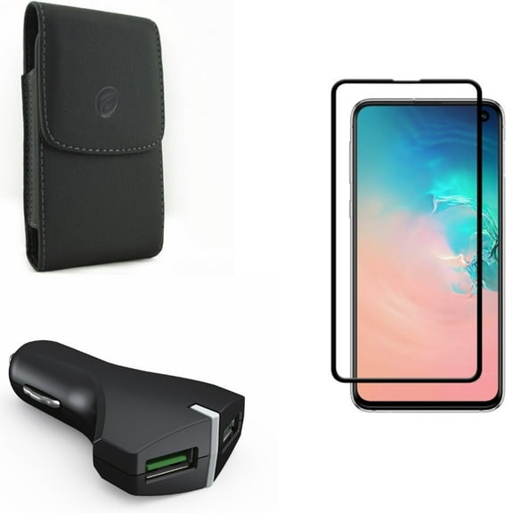 Galaxy S10e Screen Protector w Car Charger w Case Belt Clip - Tempered Glass 5D Curved Edge, 36W Fast 2-Port USB Power, Leather Holster Cover for Samsung Galaxy S10e Phone