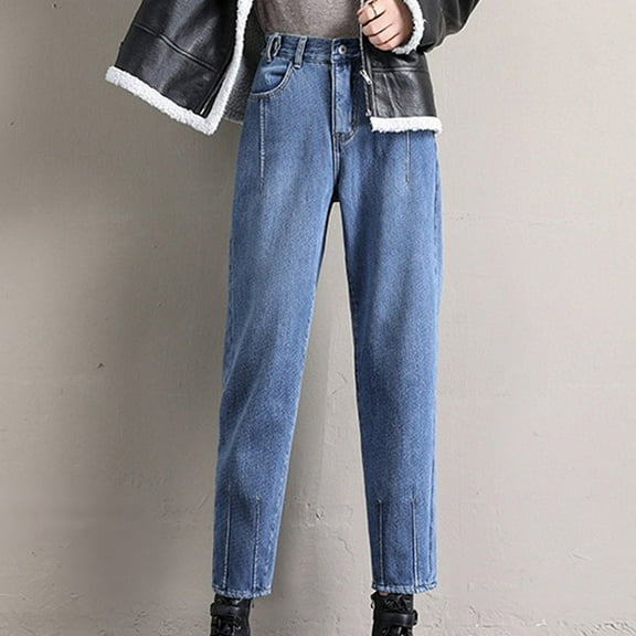 FAMTKT Women High Waisted Wide Legs Denim Pants Straight Pants Casual Loose Plush and Thick Trousers Streetwear