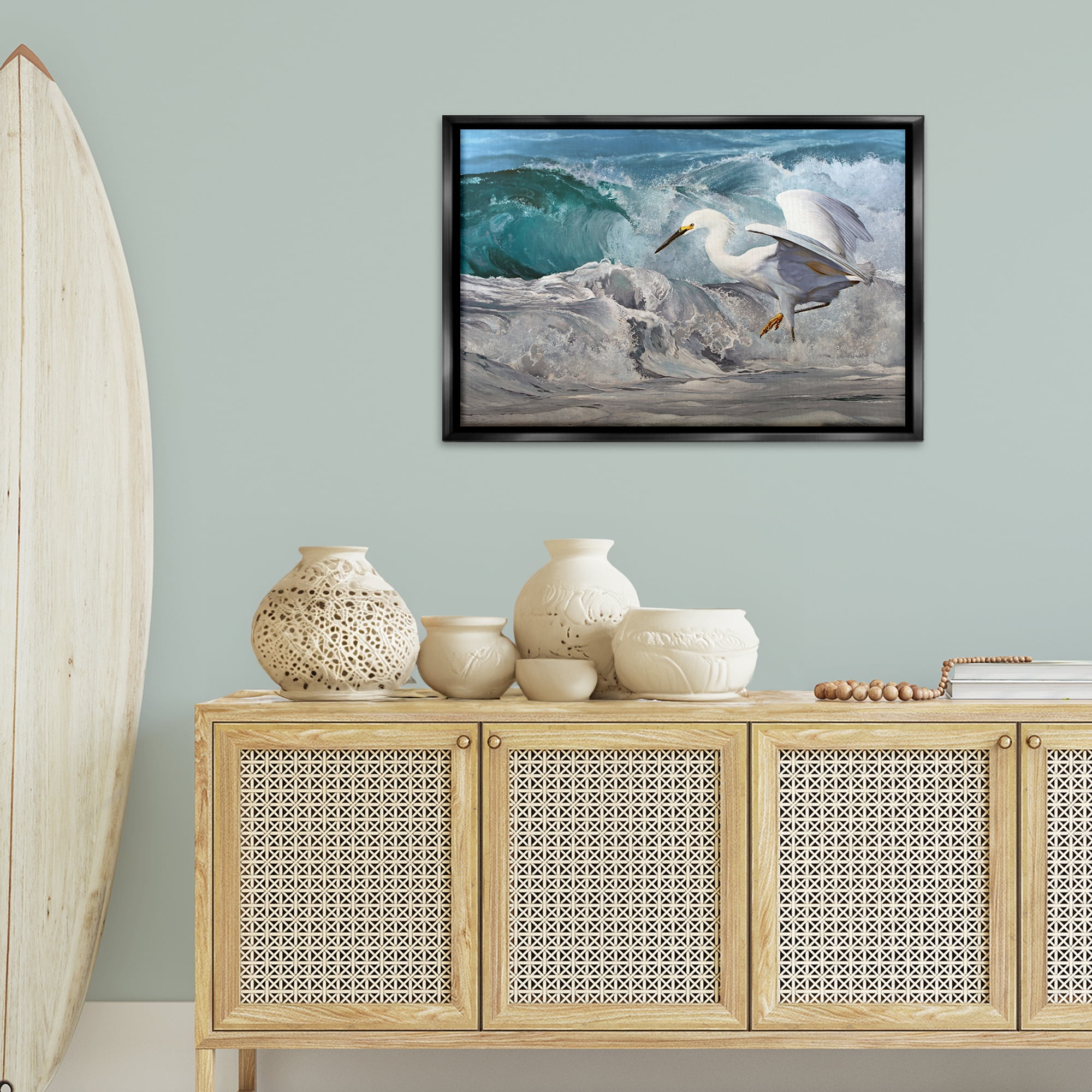 Stupell Industries Wave Dancer Heron Nautical & Beach Painting Black Floater Framed Canvas Art Print Wall Art, 31 x 21