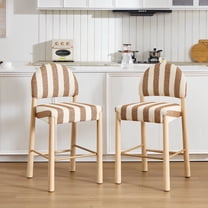 ONEVOG 26.4'' Counter Height Wooden Bar Stools Set of 2, Upholstered Linen Fabric Bar Stools with Arched Back & Solid Wood Legs, BOHO Linen Counter Chairs for Kitchen Island, White & Brown Stripes