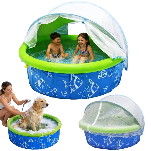 Foldable Kiddie Pool with Canopy and Sprinkler, 47in Baby Pool and Beach Tent for Toddlers and Dog Pool, Portable Water Play with Shade for Outdoor Backyard Beach
