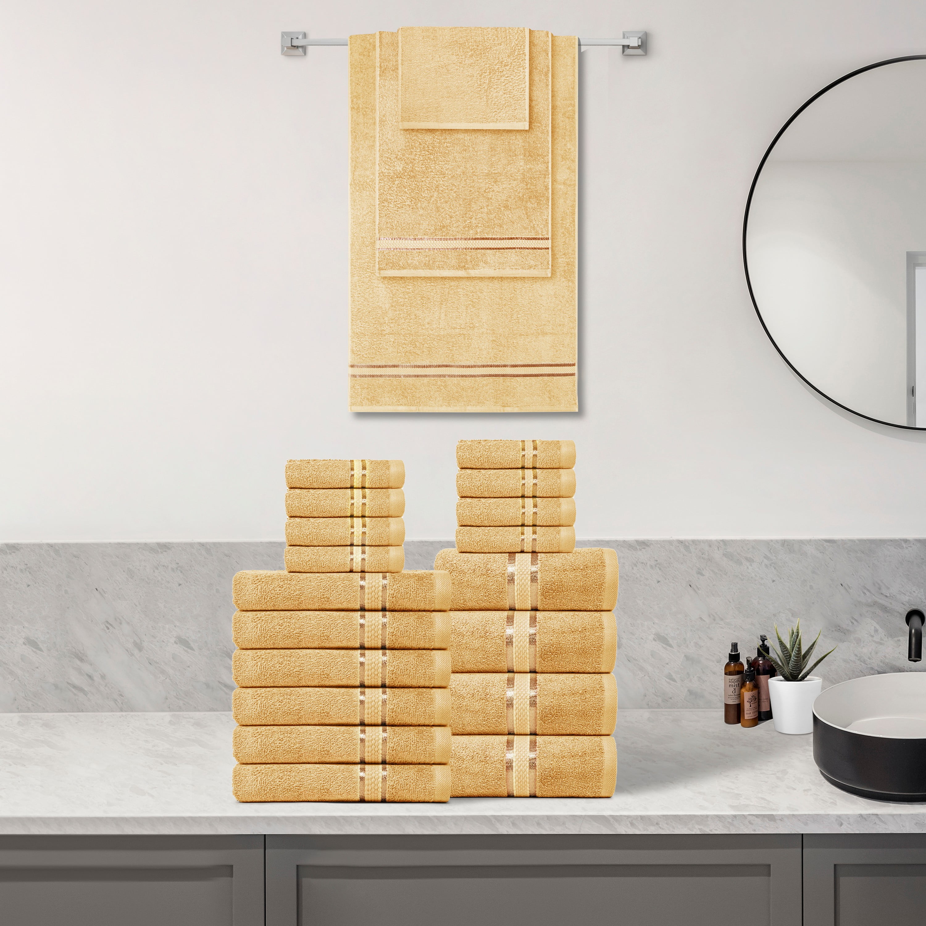 Dewall Maisons Beige 18-Piece Plush Towel Set, 100% Cotton - Ultra-ComFortable, Quick-Drying - Includes 4 Bath Towels, 6 Hand Towels, 8 Washcloths - Perfect For Luxurious Bathrooms