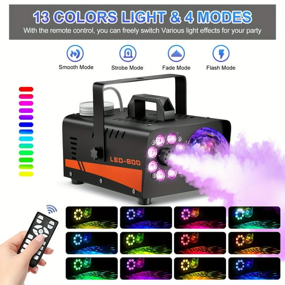 Smoke Machine, Fog Machine With Disco Ball Lights, 600W And 3000CFM With 13 Colorful LED Lights Effect, Wireless Remote Control, Suitable For Parties, Wedding, Halloween, And DJ Stage, Indoor