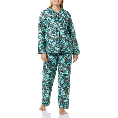 

AmeriMark Womens Flannel Pajama Two Piece Set PJ Sleepwear with Button Front Top Teal Floral Large