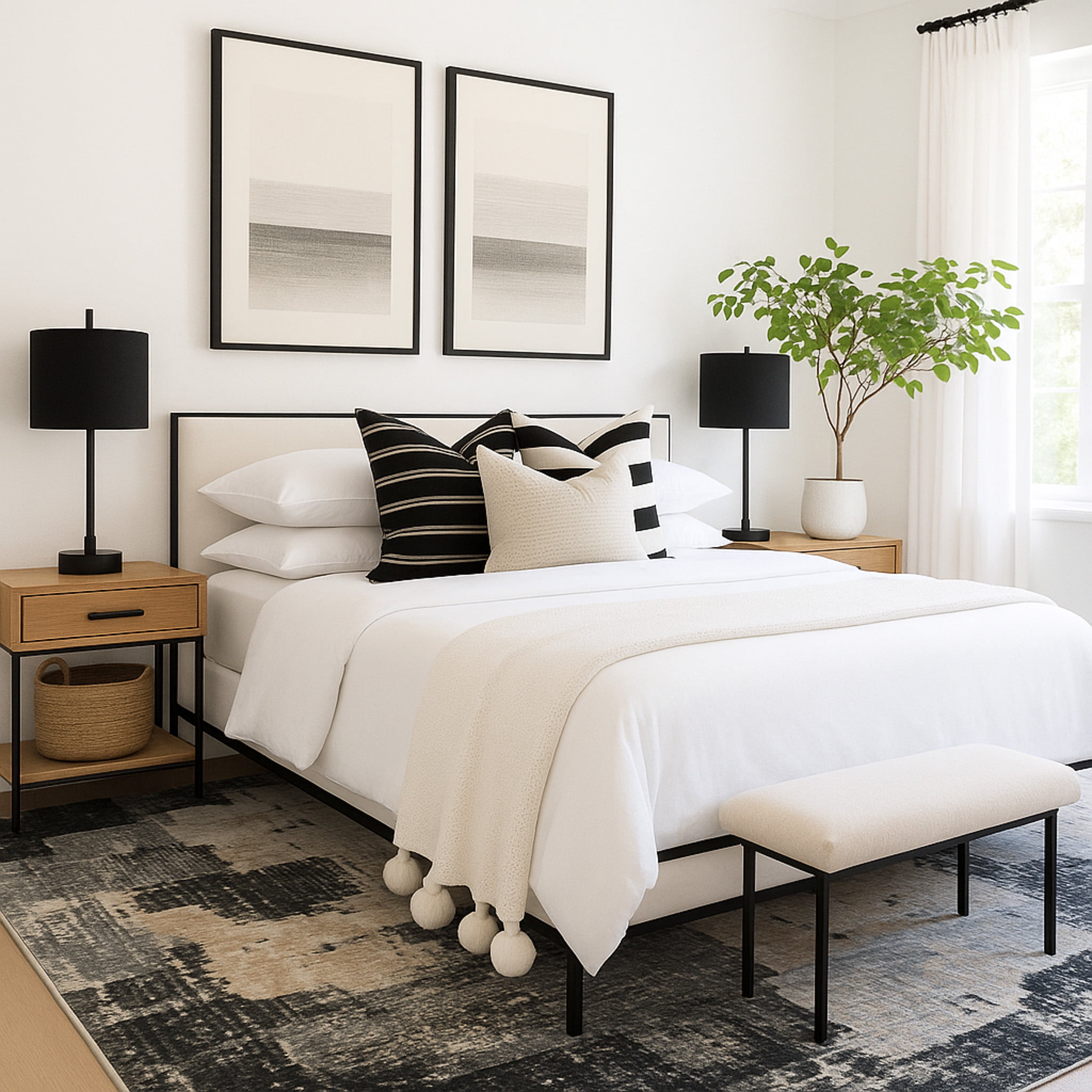 Tapis d'interieur abstrait Rug Branch Nomad, noir beige, moderne - Salon, chambre, salle a manger et cuisine