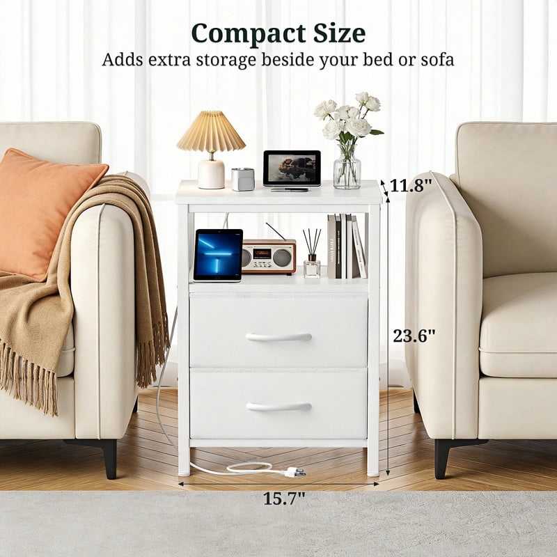 Kelno Nightstand with 2 Fabric Drawers Charging Station Small Bedside Table with Wood Top Open Storage Shelf, White