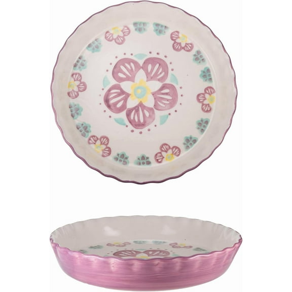 ZEN Ceramic Pie Pan Pie Dish for Oven 10 Inch Pie Plate Round Bakeware (Flower)