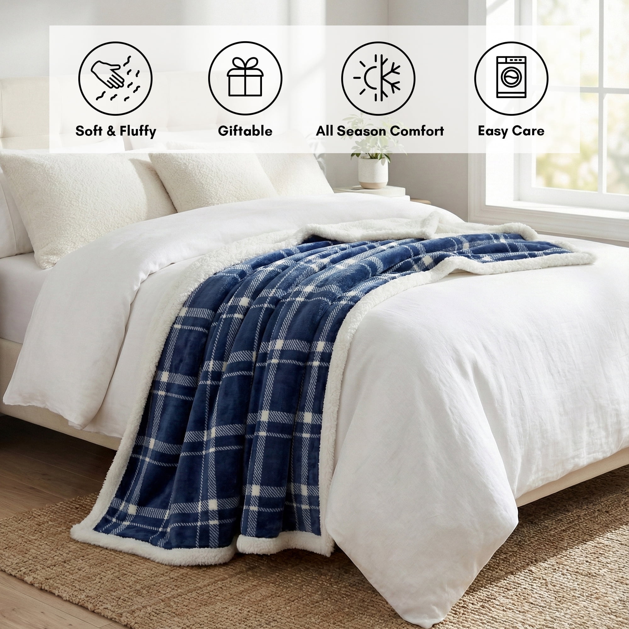Americanflat Fleece and Reverse Sherpa Throw Blanket - 50x60 Inch Classic Tattersall Plaid - Ultra Soft Cozy Couch Cover - Warm Reversible Design - Blue