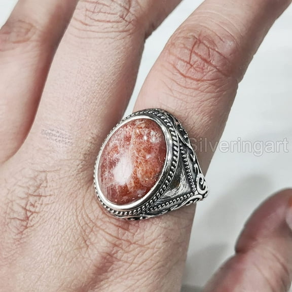 Natural Sunstone Mens Ring, Fire Sunstone Ring, Sunstone Ring, Silver Jewelry, 925 Silver Ring, Gift, Heavy Mens Ring, Arabic Design, Ottoman Style Ring, Christmas, Turkey Mens Signet Ring