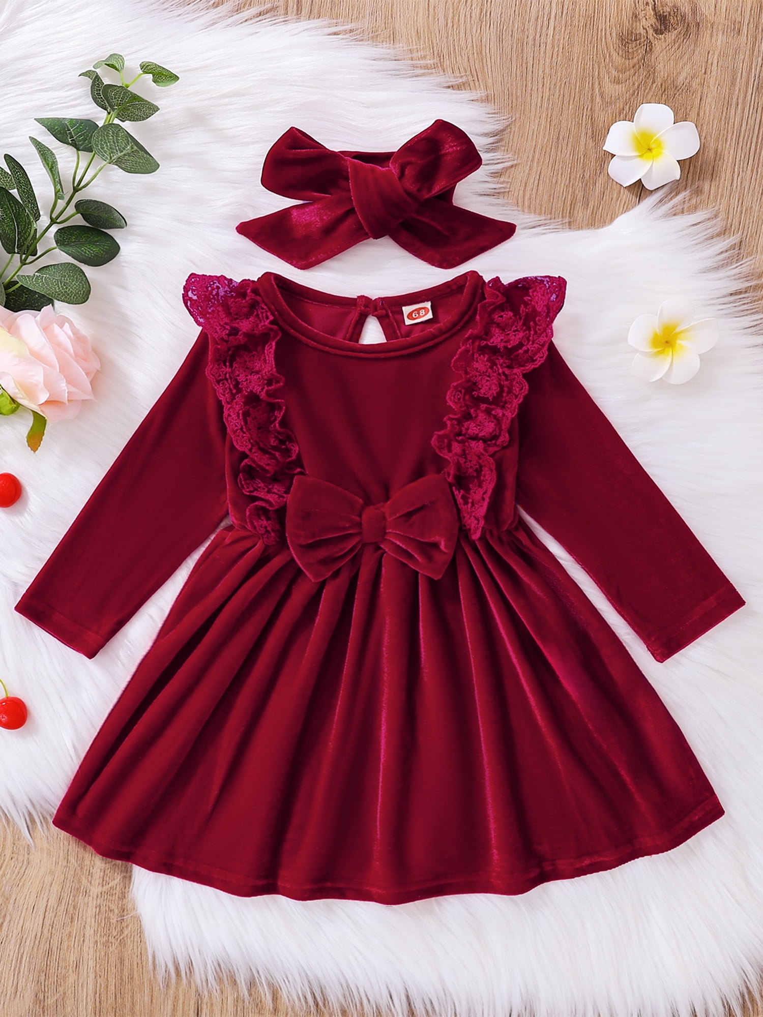 hirigin Baby Girls Velvet Dress and Headdress, Wine Red Solid Color Long  Sleeve Flouncy Skirt with Bow Knot Decor