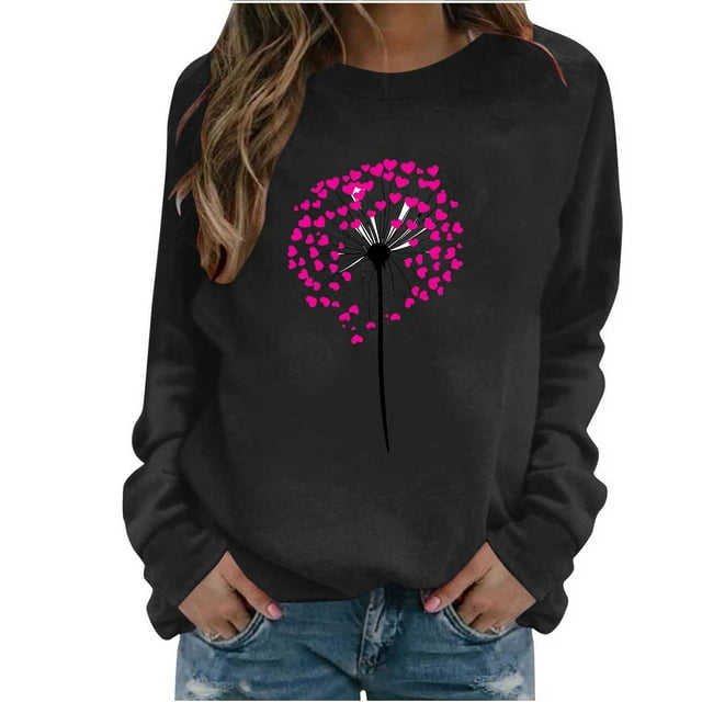 Ounisa Chemises à Manches Longues pour Femmes Col Rond T-Shirts de la Saint-Valentin T-Shirts Imprimés Cœur d'Amour Hauts à la Mode Hiver Automne