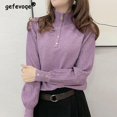 thumbnail image 2 of Suéter elegante de cuello alto medio para otoño e invierno, jersey liso de moda para mujer, jersey tejido con mangas abullonadas, jersey holgado, 2 of 5