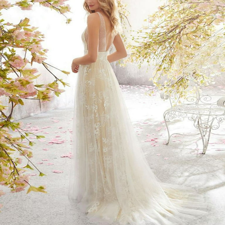 Quealent Beach Open Back Sexy Boho Wedding Dresses Sleeveless Court Train Lace Bridal Gowns with Appliques 2024 White XL Walmart