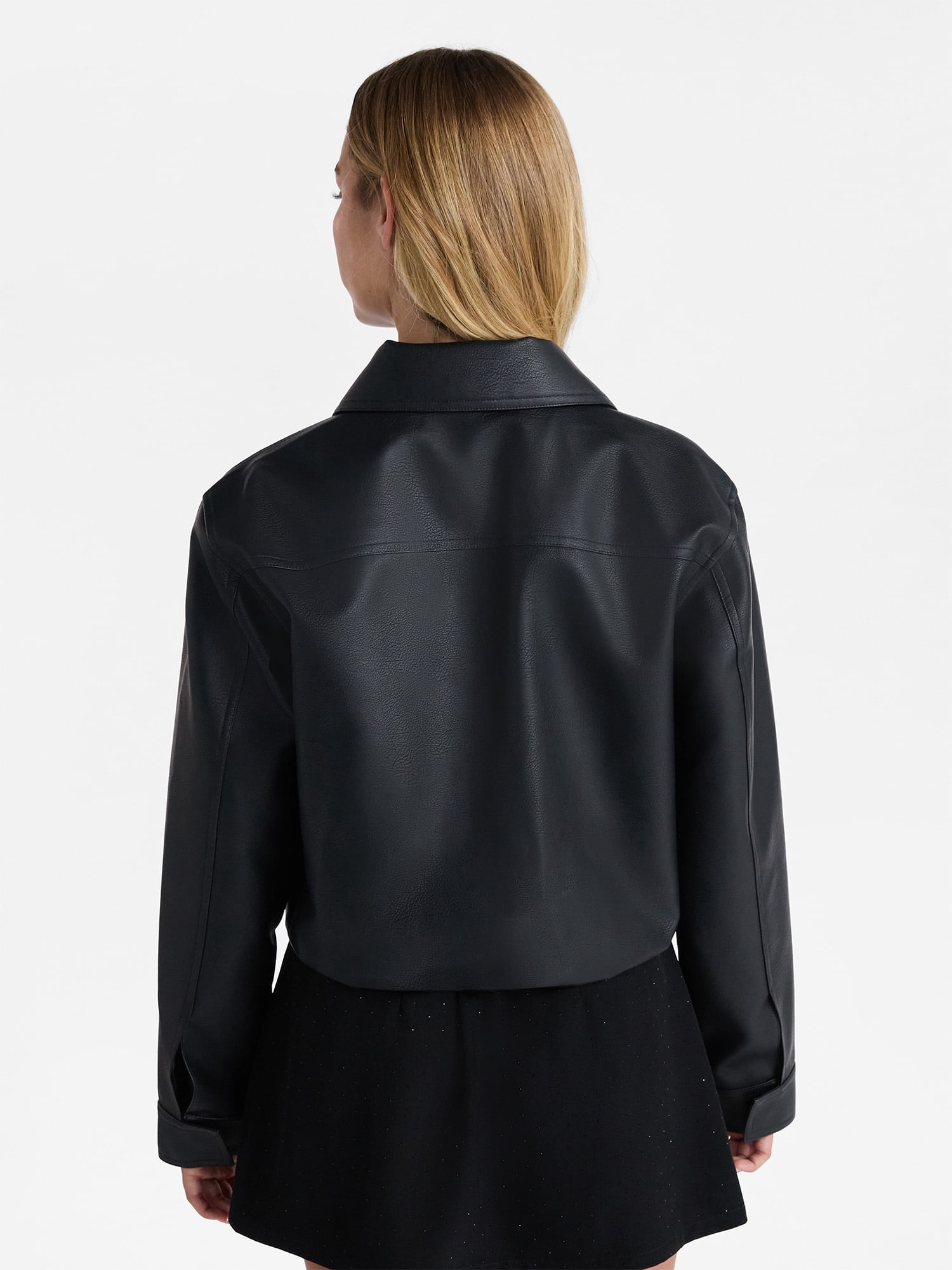 No Boundaries Bubble Hem Faux Leather Bomber Jacket, Women's