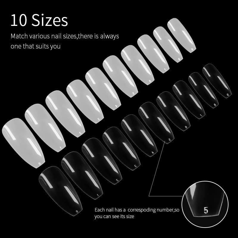 PINPAI 500 pcs Long Coffin Stiletto French Fake Nails Clear Half Full Cover Artificial False Nail Art Tips Capsule for Extension