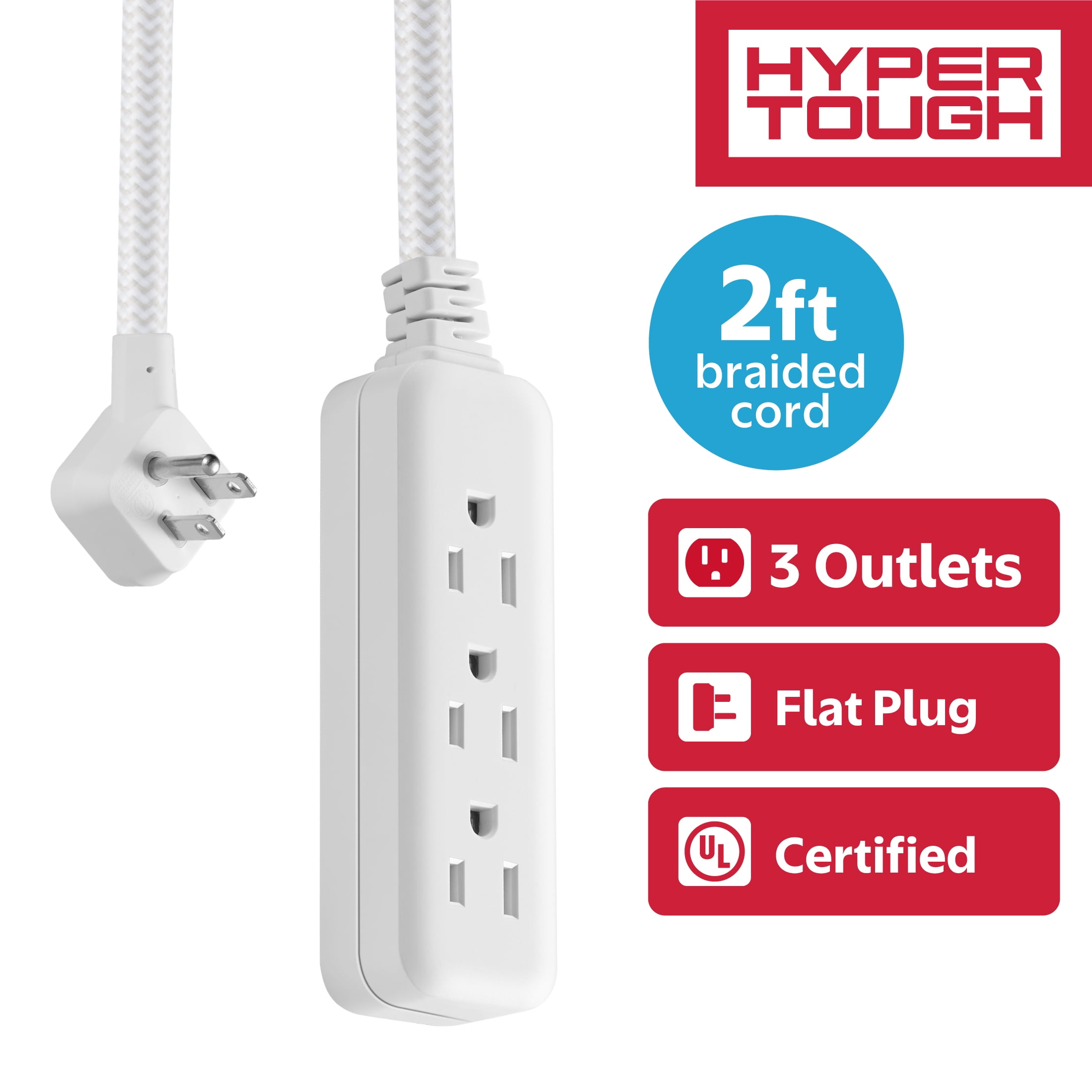 (2 pack) Hyper Tough Flat Plug Extension Cord, 2 ft Braided Cord, 3 Outlets, 3 Prong Grounded, Indoor, White