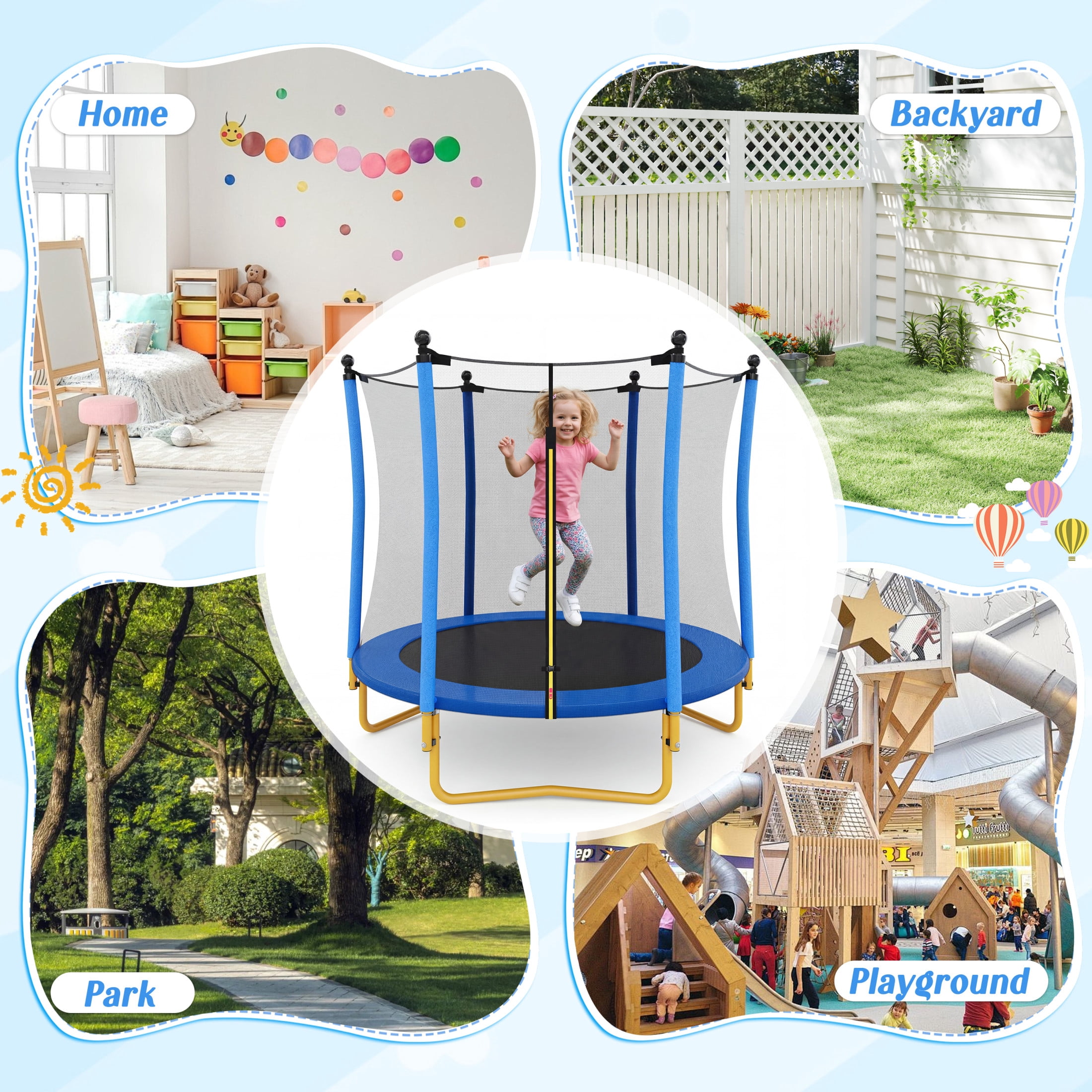 Noble House 5.5 FT Kids Trampoline with Safety Enclosure Net, Indoor Outdoor Trampoline, U-Shape Stable Legs, Blue