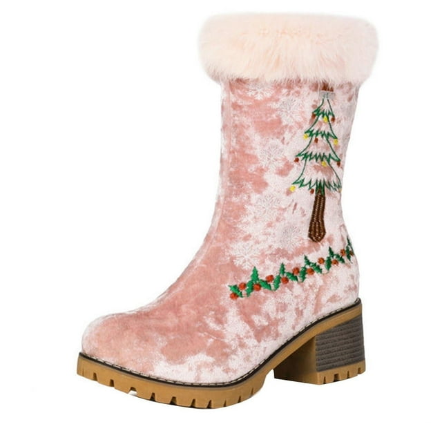 Bottes pour Femmes Bottes de Neige pour Femmes Mode Décontractée Polyvalente Cool Mode Rouge Arbre de Noël Tête Ronde Semelle Épaisse Talons Hauts Bottes Courtes Épaisses Loisirs, Extérieur