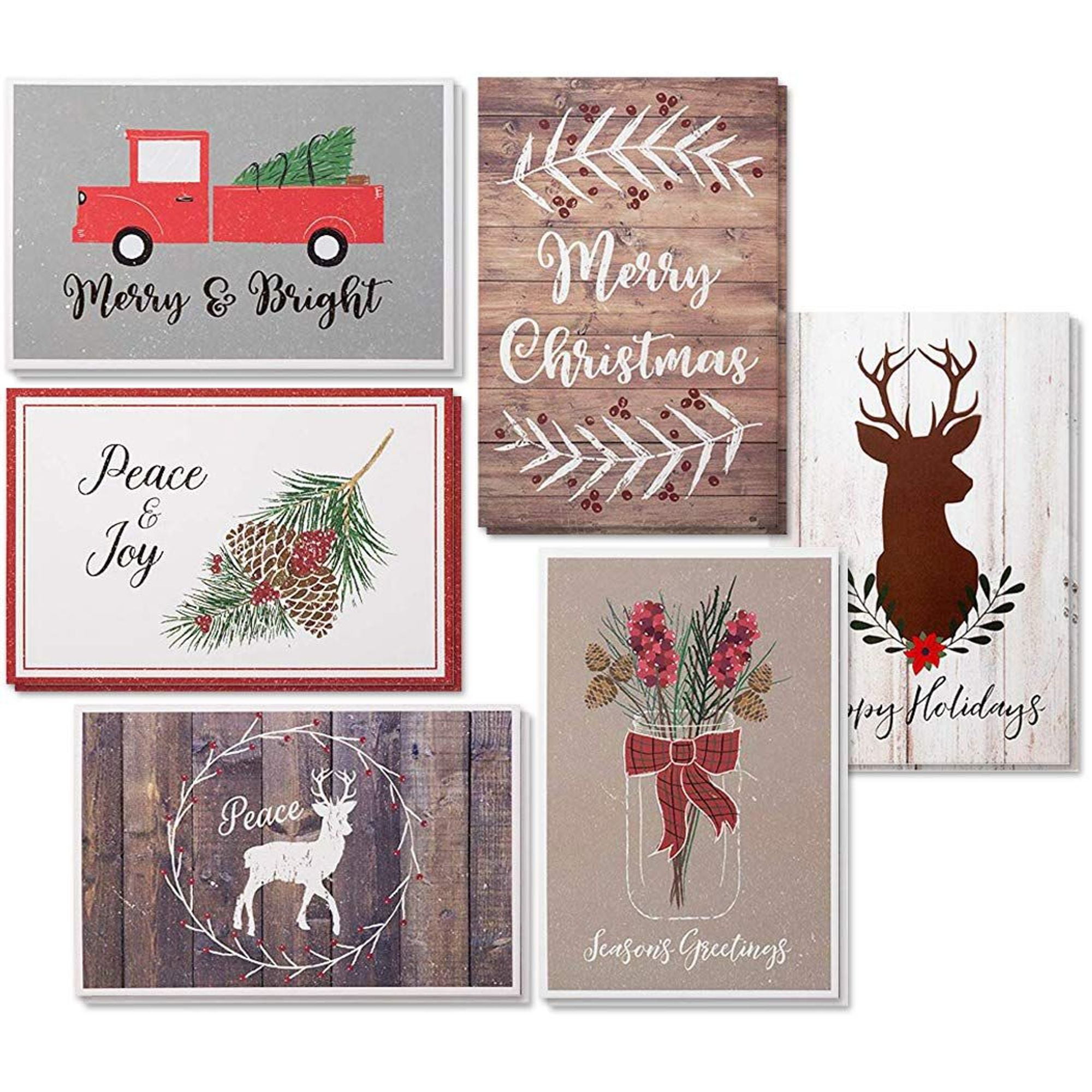 48-Pack Merry Christmas Holiday Greeting Card - Rustic Happy Holidays Xmas Cards in 6 Designs