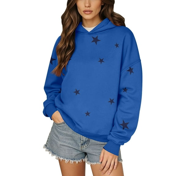 Women's Star Print Drawstring Hooded Sweatshirt with Pocket, Lightweight Oversized Long Sleeve Pullover Top, Casual Streetwear Fall Winter Comfort Wear, Aesthetic Soft Fleece Loungewear Blue L