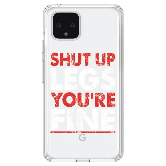 DistinctInk Clear Shockproof Hybrid Case for Google Pixel 4 (6.1" Screen) - TPU Bumper Acrylic Back Tempered Glass Screen Protector - Shut Up Legs You're Fine Running