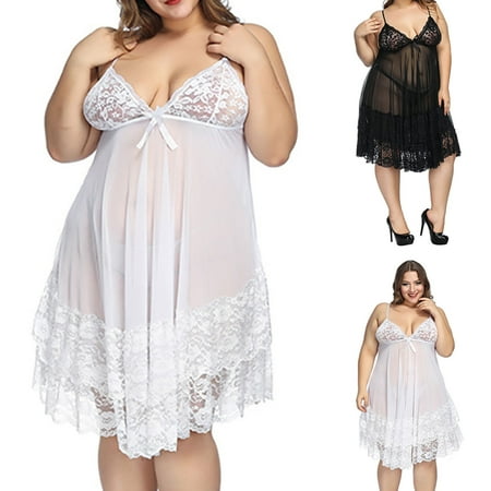 Elainilye Fashion Womens Lingeries Flower Lace Plus Size Lingerie V Neck Sleepwear Bowknot Chemise Nightdress White