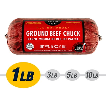80% Lean / 20% Fat Ground Beef Chuck, 1 lb Roll, Fresh, All Natural*