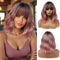 thumbnail image 1 of Esmee Perruques Courtes Roses de 14 Pouces avec Frange pour Femmes Cheveux Synthétiques Naturels Perruque Ombrée avec Racines Foncées Perruques Ondulées Lâches pour Cosplay Usage Quotidien Fête, 1 of 3