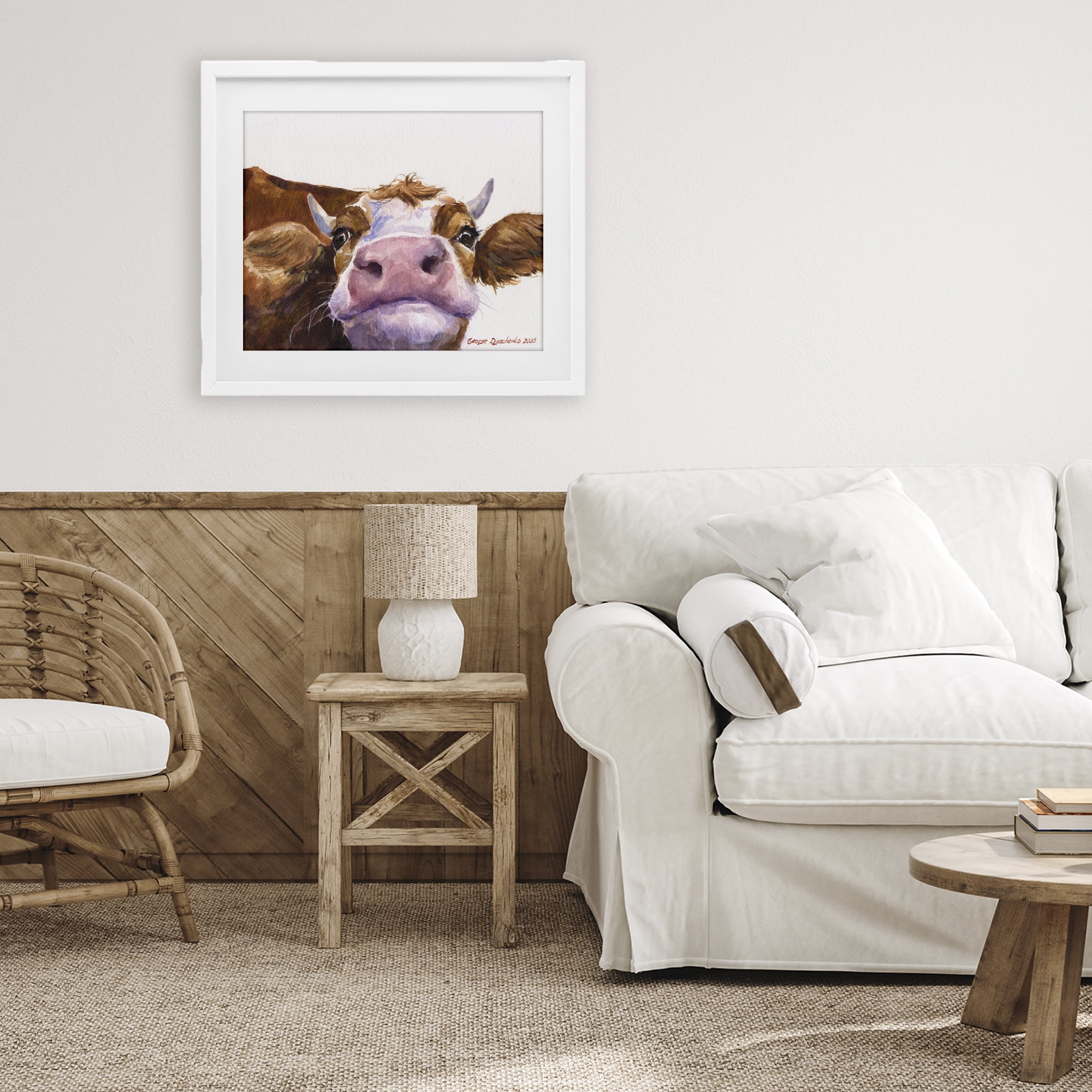 Stupell Industries Cute Cow Close Up White Framed Print Under Glass, design by George Dyachenko