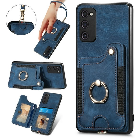 Allytech Samsung Galaxy S20 FE Case Wallet, S20 FE 5G Case, S20 FE 2022 Case, RFID Blocking Multiple Cards Slots Ring Holder Stand Shockproof Protective Hand Wrist Wallet Case Cover - Blue