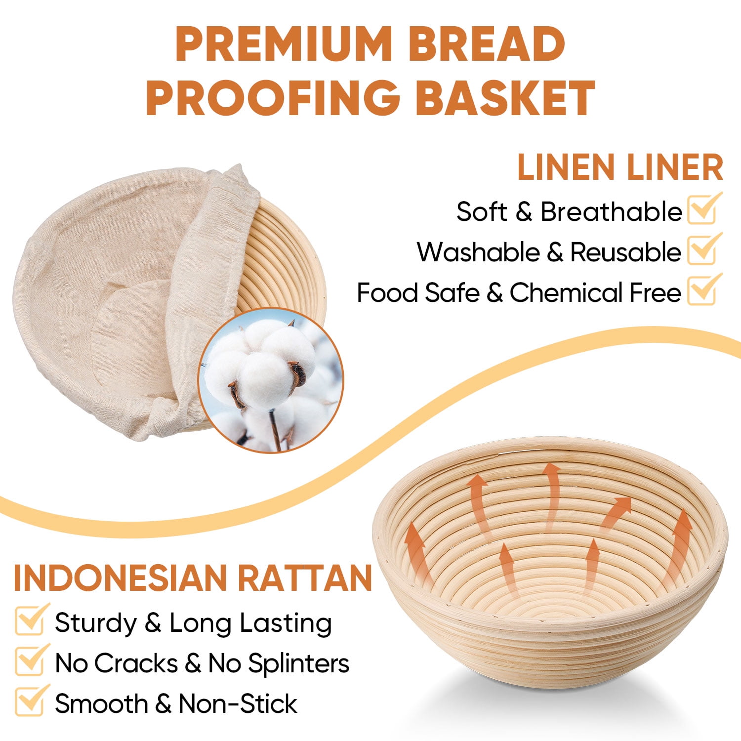 Walchoice Sourdough Bread Proofing Basket Set of 2, 9 Inch Round Dough Proofing Bowls, Sourdough Bread Baking Supplies for Bakers, Handmade Rattan Baskets with Liners