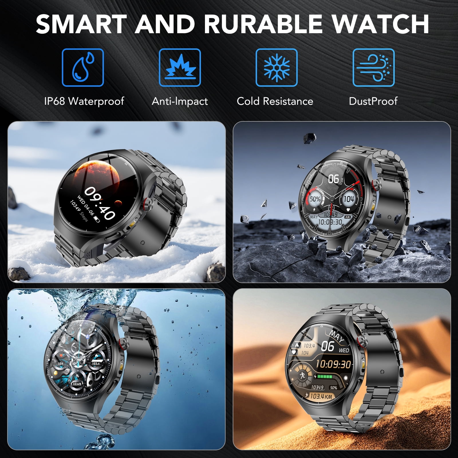 Smart Watch for Men, 1.52" AMOLED Bluetooth Calling Smartwatch for Android iOS, Built-in Flashlight, 1000mAh Long Battery Fitness Tracker, 120+ Sports, IP68 Water Resistant
